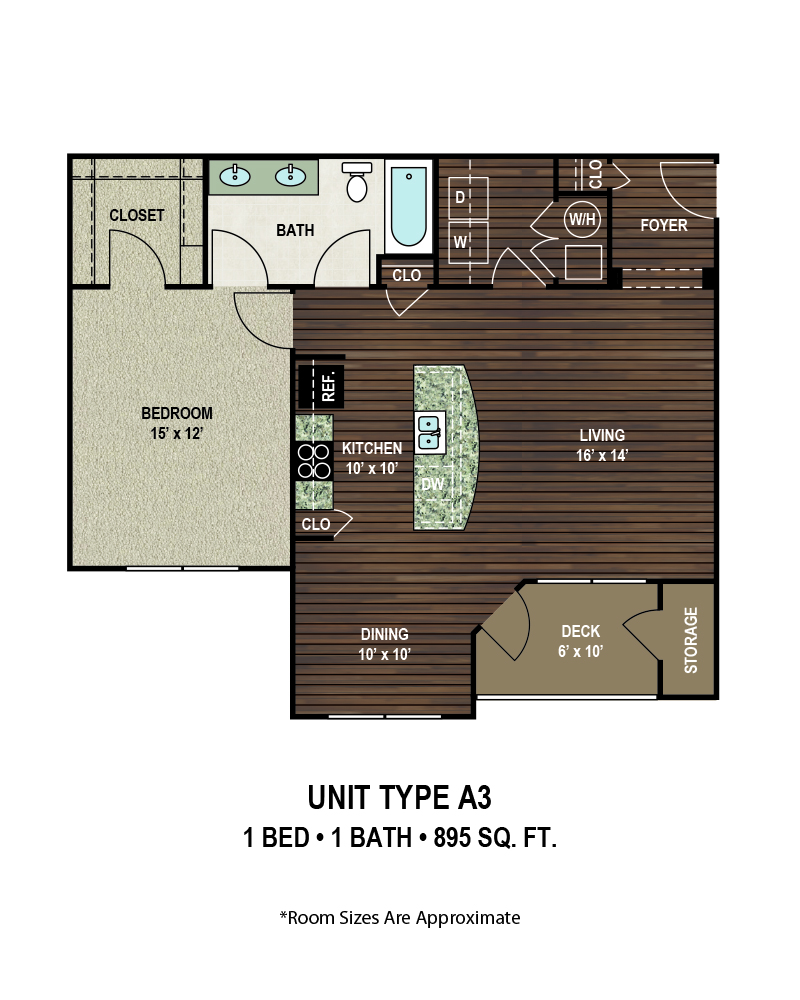 Floor plan for 1 bed, 1 bath, 895 sqft